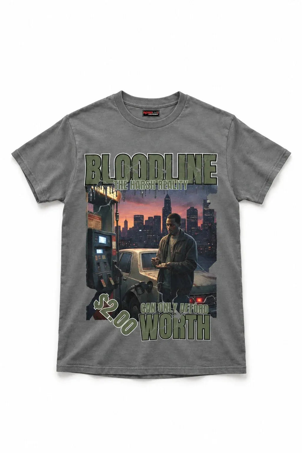 Gray t-shirt with a graphic design featuring a cityscape and text on a white background